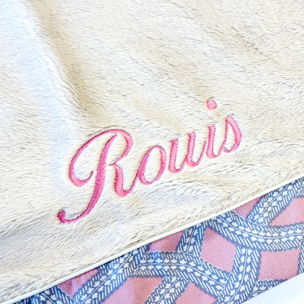 ANBERSO name embroidery detail on a Royal Bed cover