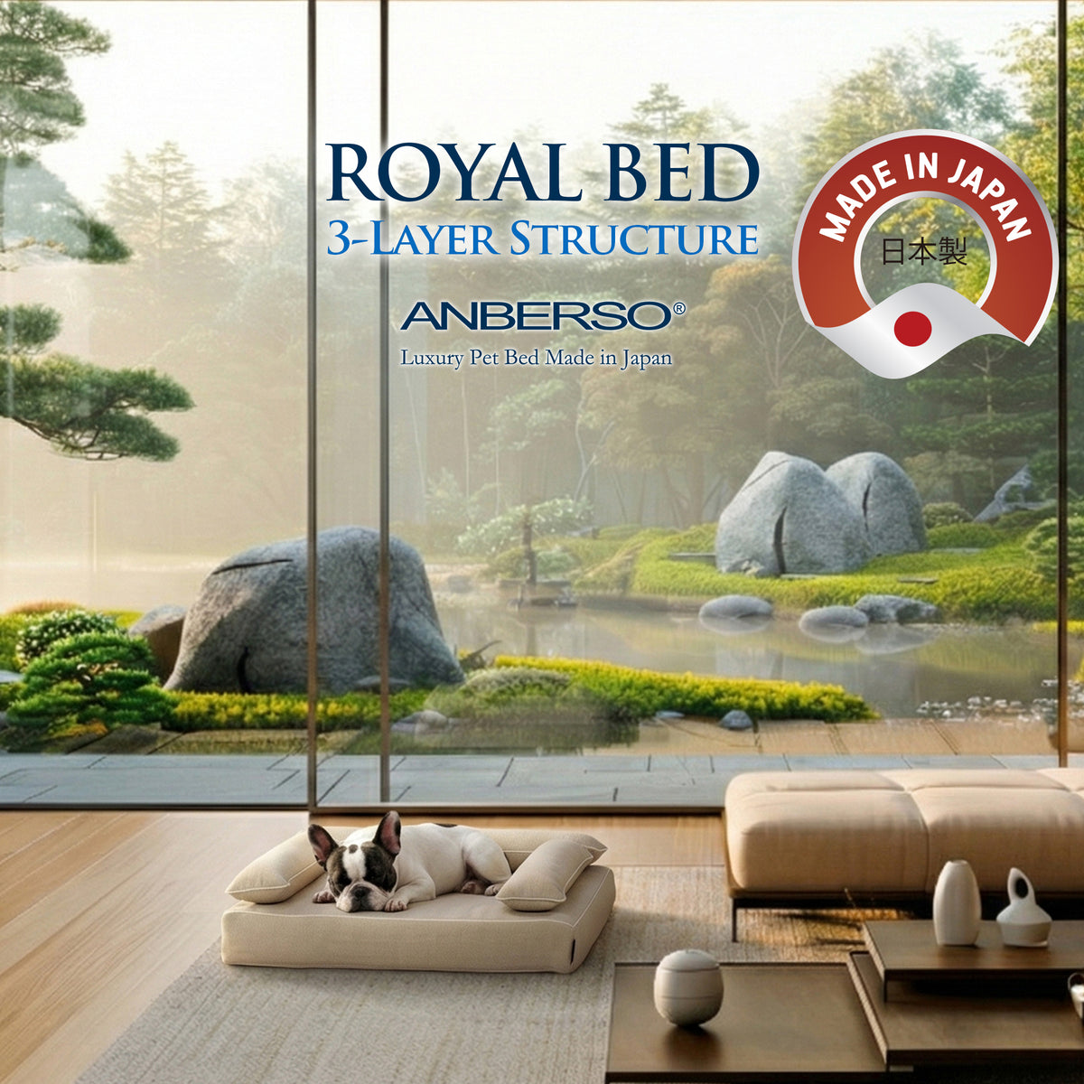 ANBERSO Royal Bed with Cammy Beige bolster cover in a refined interior