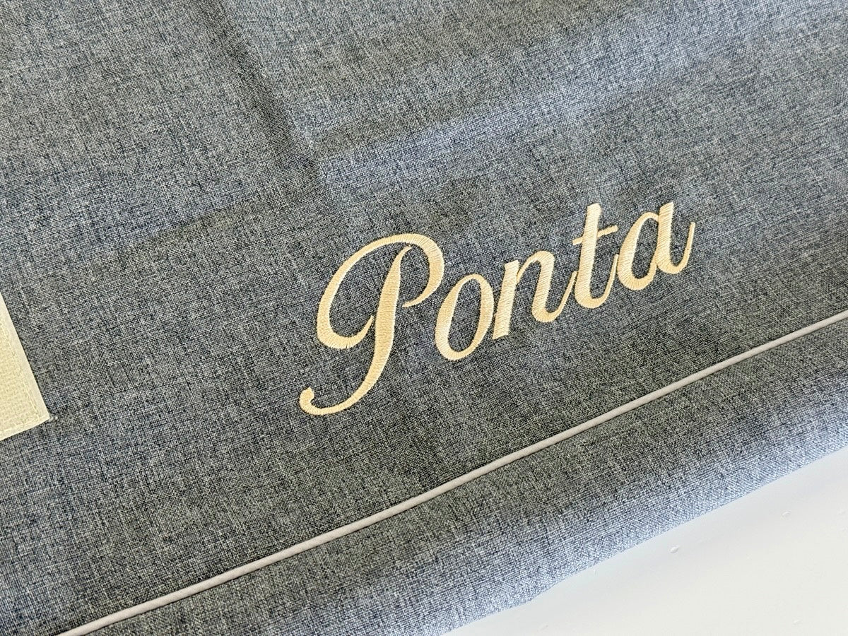 Optional script name embroidery example on Cammy Irish Gray cover
