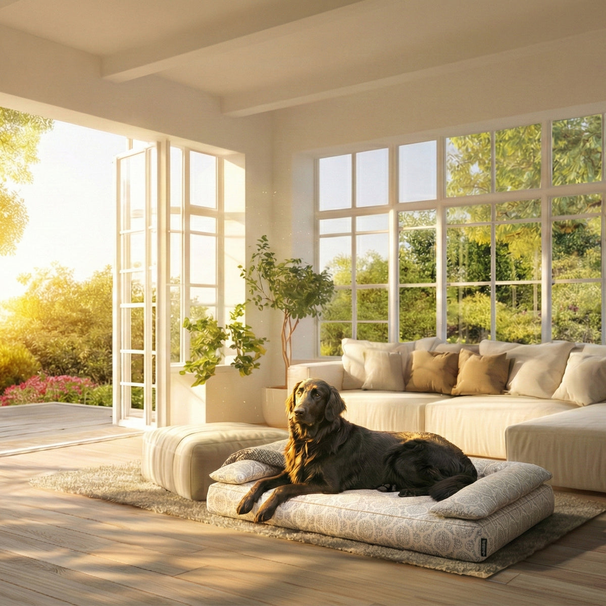 Dog resting on ANBERSO Royal Bed with Elmo Aqua Gray bolster cover in a refined interior