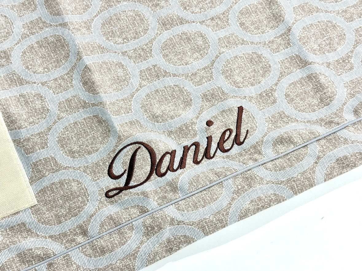 Optional dark script name embroidery example on Elmo Aqua Gray cover